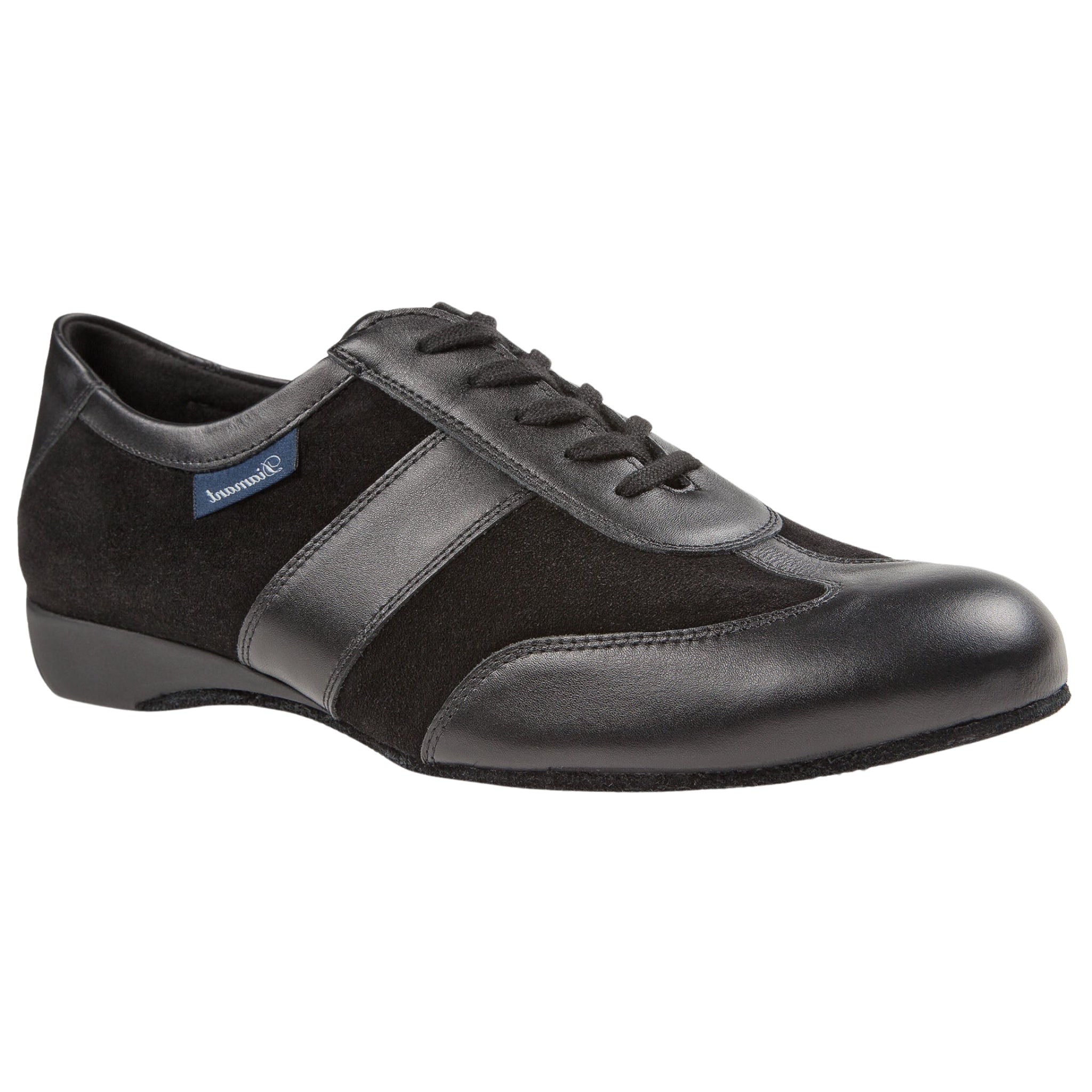 Diamant's 123 Tanzsneaker in Schwarz: schwarzes Leder, Wildleder, Chromledersohle, niedriger Absatz, schlichtes Design.